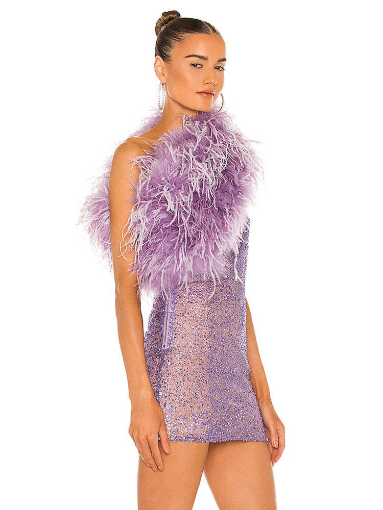 Women Summer Sexy One Shoulder Mesh Sequins Feather Purple Mini Bodycon Custume Dress Elegant Party Evening Wedding  Dress