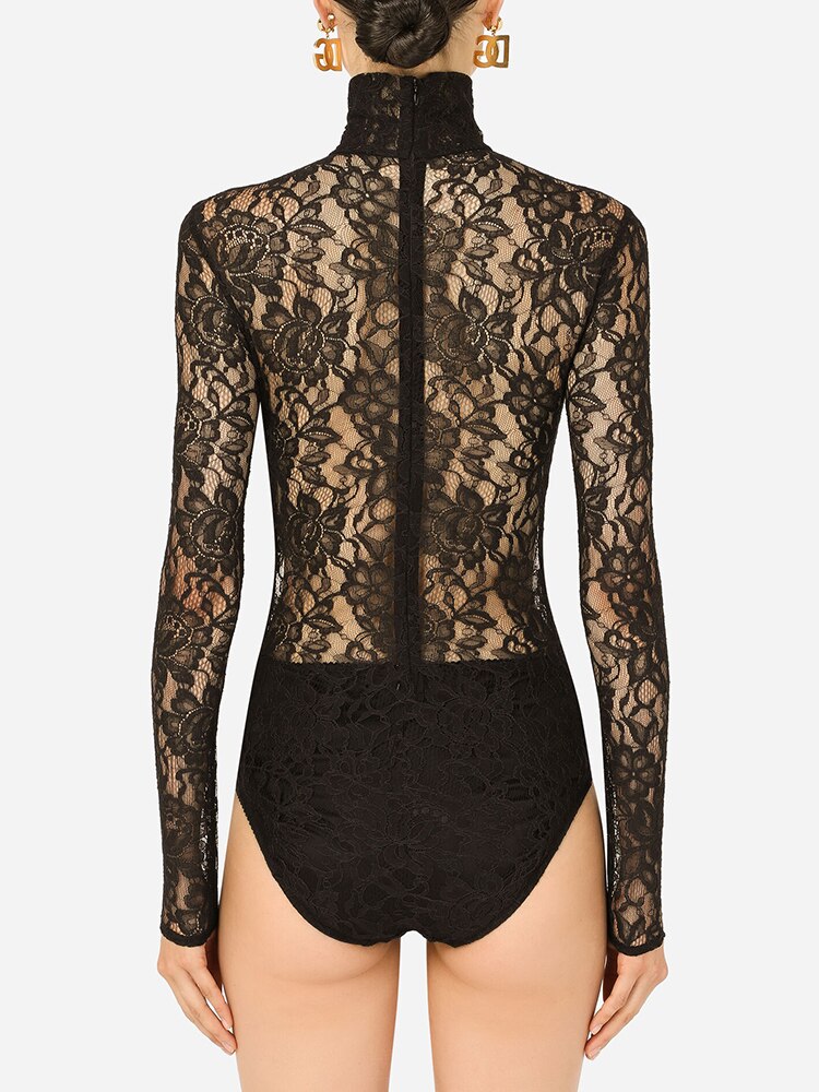 Mesh Splicing Lace BodySuit Women 2022 New Trendy Long Sleeve Bodies One Piece Bodycon Dress Sexy Female Clothing