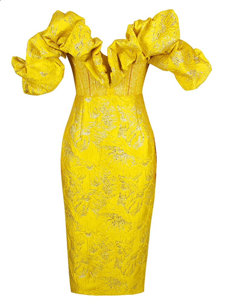 Sexy V-Neck Off Shoulder Embroidered Floral Midi Dress Blue Yellow Elegant Ruffle Short Sleeve Split Dress Celebrity Evning Part
