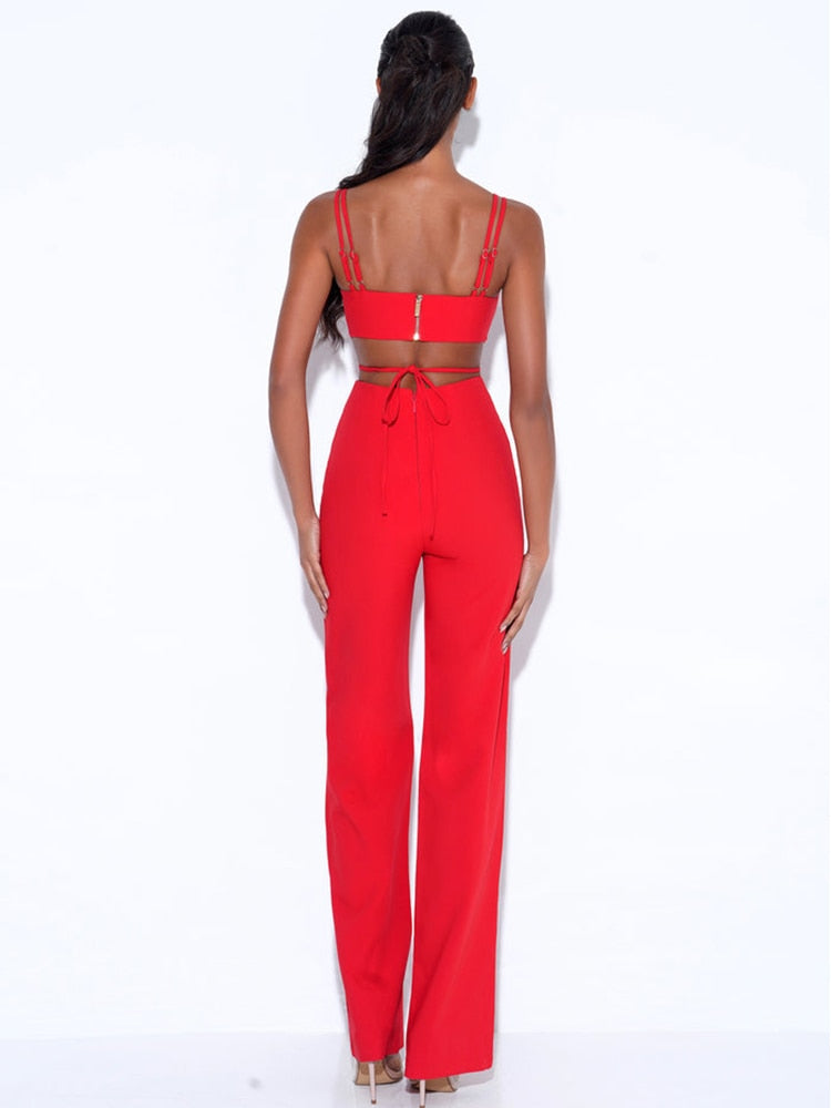 Sexy Spaghetti Strap Hollow Out Bodycon Bandage Jumpsuit Elegant Sleeveless Backless Lace up Long Pants Bodysuit Celebrity Club
