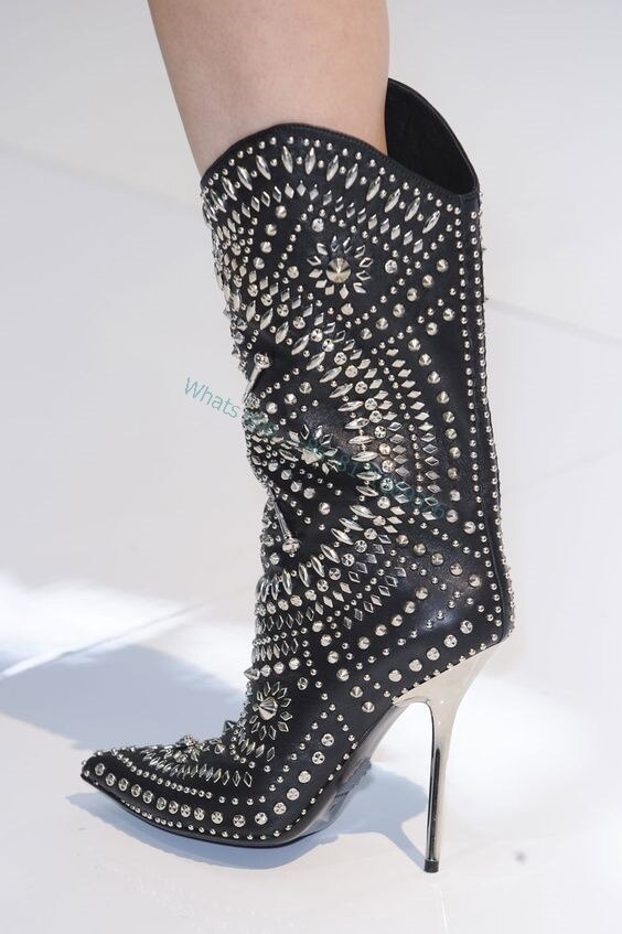 Rhinestone Studed Metal Thin High Heel Boots Women Fashion Pointed Toe Luxury Boots Party Autumn Lady Mid-calf Shoes