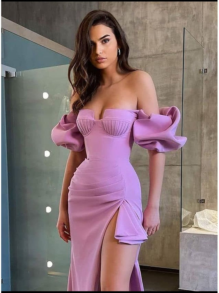 Sexy Off Shoulder Puff Sleeve Ruched Bandage Midi Dress Summer Elegant Violet Draped Side Slit Tight Dress Celebrity Club Party