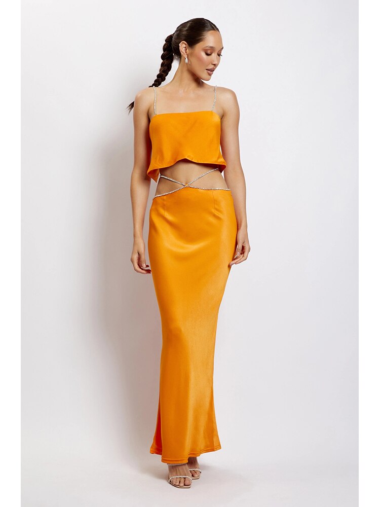 Sexy Crop Top + High Waist Long Skirt Set Elegant Orange Diamond Chain Crop Top Backless Slim Skirt Suit Women Celebrity Party