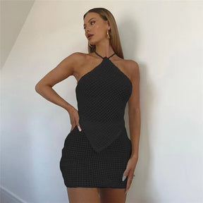 New Sexy Knit 2 Two Piece Sets Women Diamond Lace Top Skinny Elastic Force Mini Skirts Suits