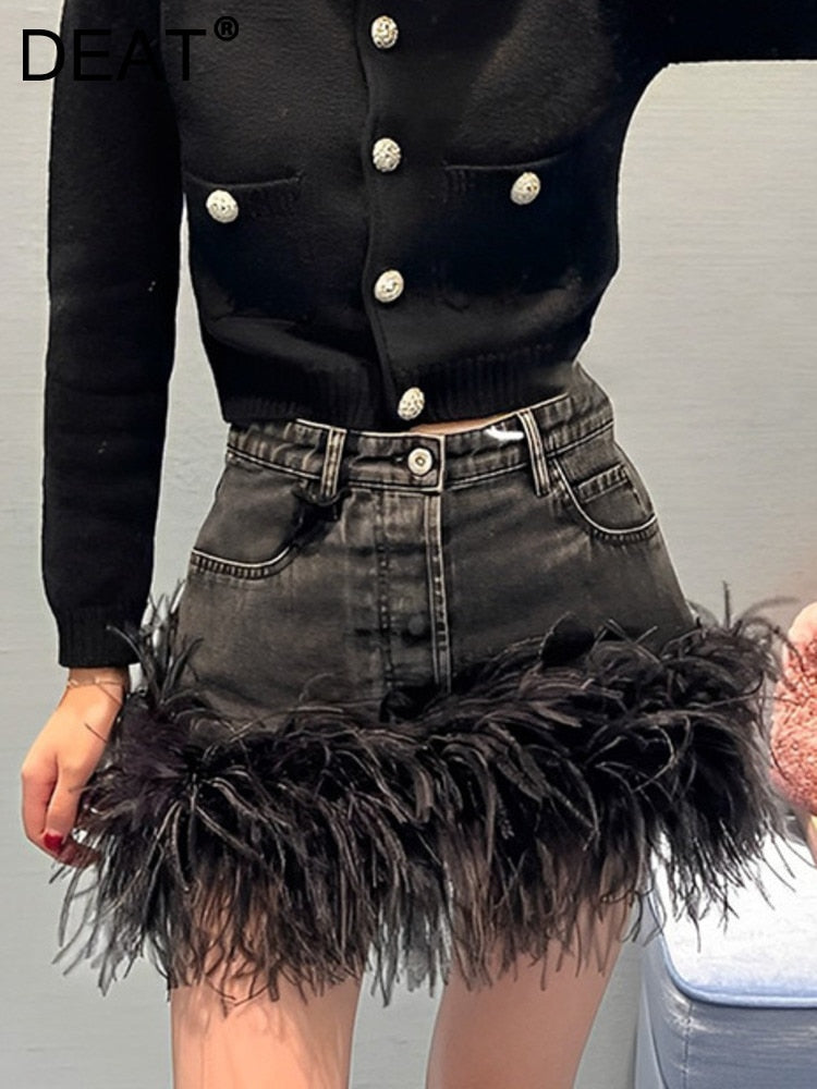 Denim Skirt High Waist Streetwear Black Patchwork Feather A-line Skirts Spring 2023 New Trendy 17A5616