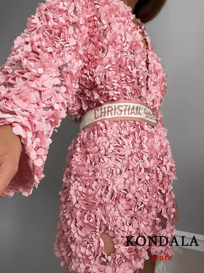 Vingtage Flower Appliques Loose Long Jackets Women V Neck Elegant Pink Cadigans Women Fashion Holiday Outwears