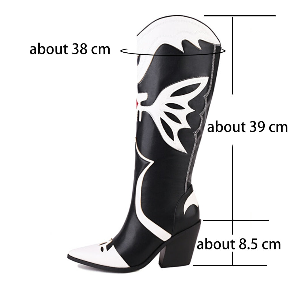 Western Boots For Women Cowboy Cowgirl Knee High Long Boots Fashion Butterfly Block Heel Pointed Toe Shoes 2022 Autumn Winter