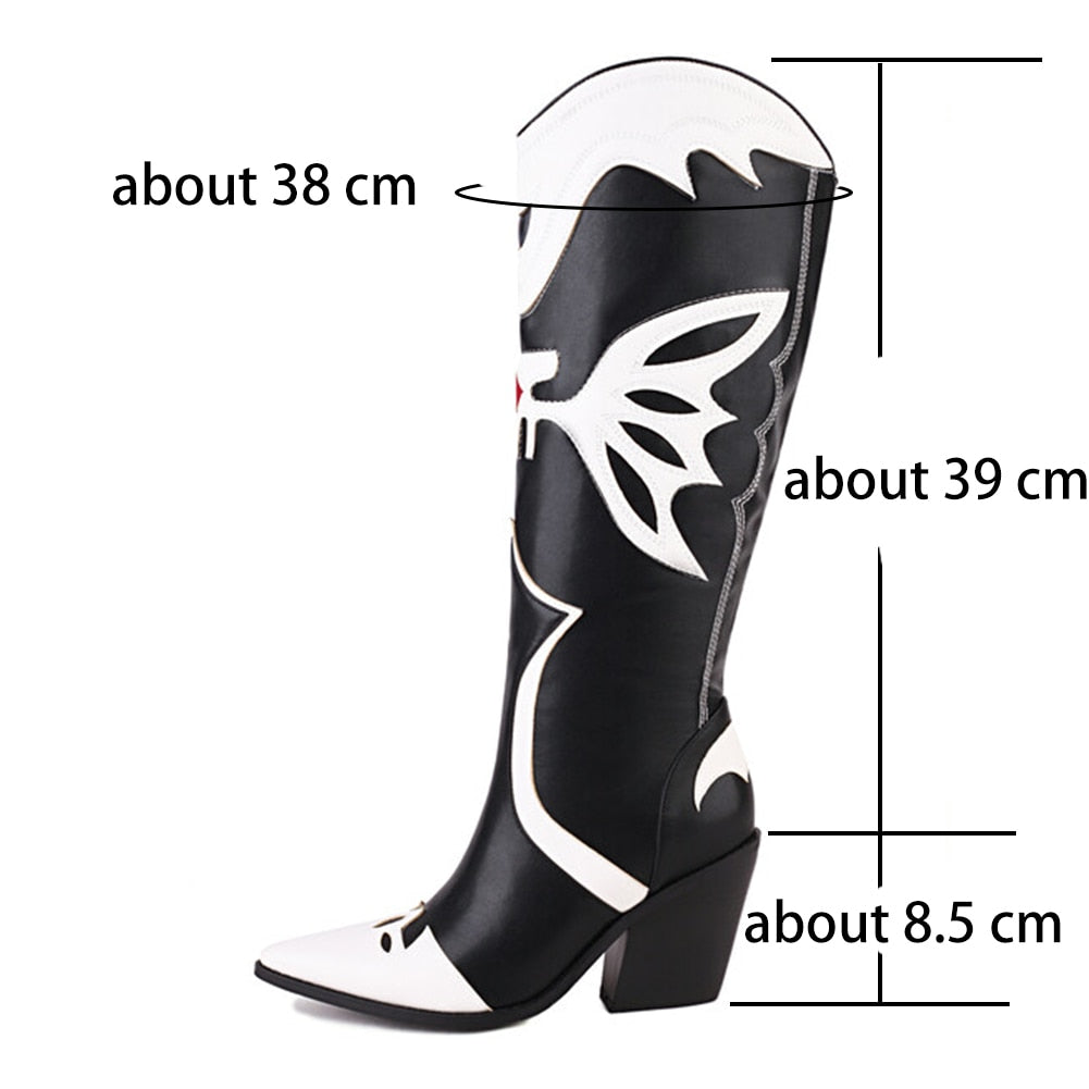 Cowboy Cowgirl Knee High Long Boots Butterfly Embroidered Black White Fairy Chunky Heel Western Boots Slip On Shoes Brand Design