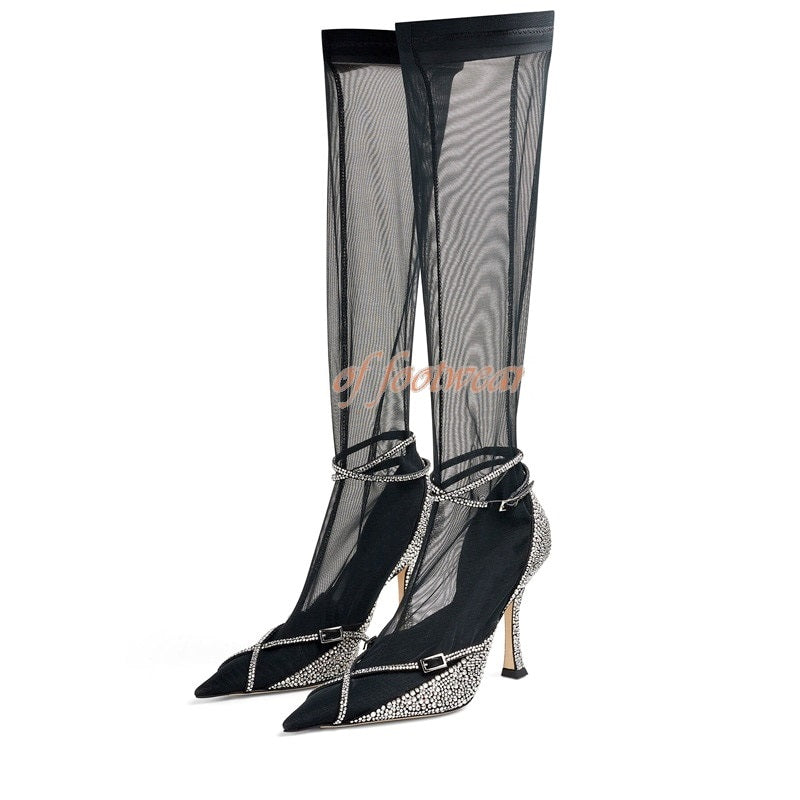 Black Sandal Boots Gladiator Mesh Breathable Summer Knee Boots Pointed Toe Stiletto Bling High Heels Luxury Design Shoes 2022