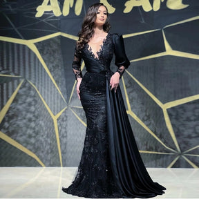 Charming Black Evening Gowns  Full Lace  Long Sleeves Mermaid Formal Party Prom Gowns