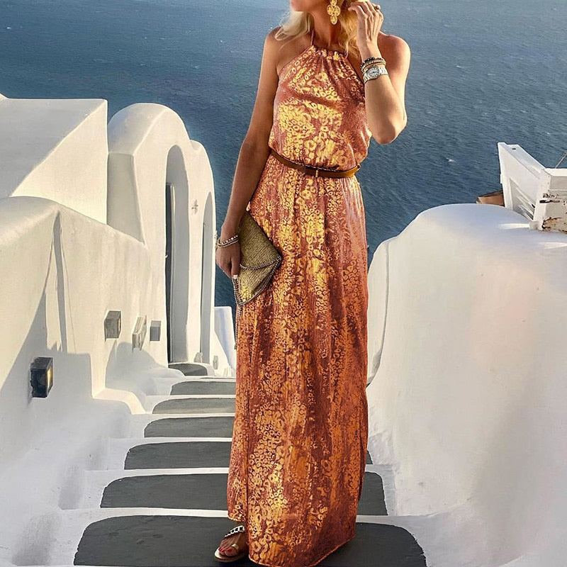 New Fashion Halter Sleeveless Party Dress Solid Backless Loungewear Beach Style Women Summer