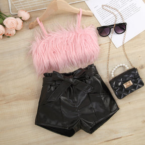 Kid Girls Clothes Set Plush Vest Tops Bow Pu Leather Shorts Children Outfist Summer Clothing D01