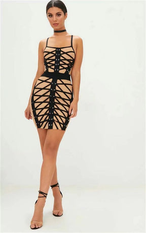 New Arrival Strap Multi Lace Up Women Bandage Dress Mini Bodycon Elastic Black Beige