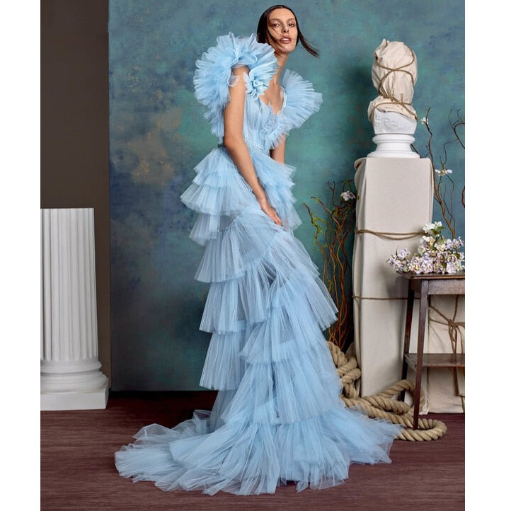 Fairy Sky Blue Ruffled Tulle Long Prom Dresses Straight Tulle Robe Fashion Prom Gowns Custom Made Tutu Formal Party Dress