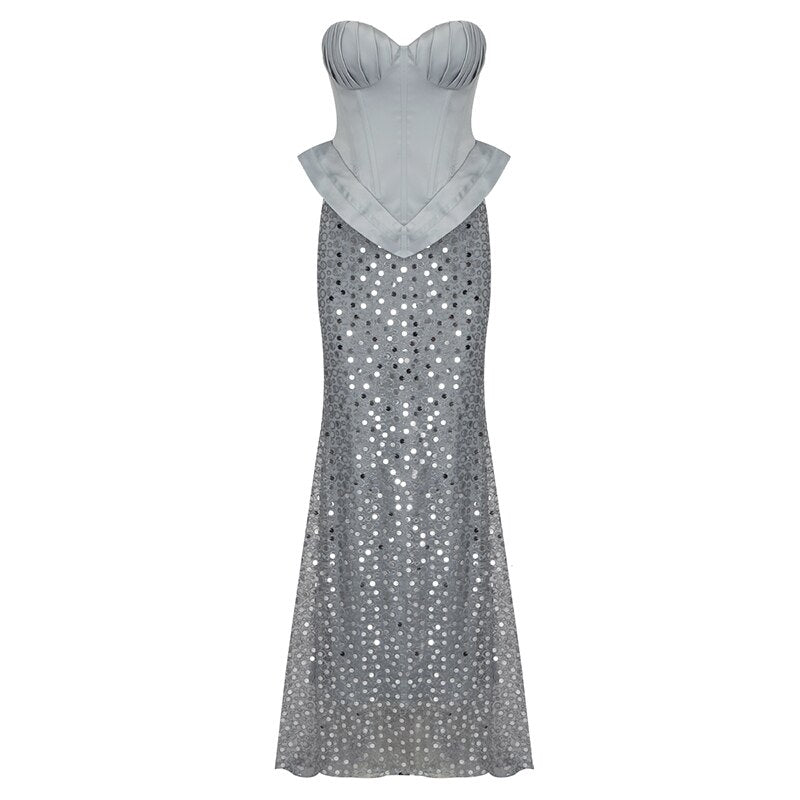 Women Robe Maxi Dress Silver Sequins Design Sexy Strapless Elegant Party Vestido