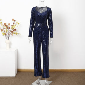 Sexy Sequins Bodysuits For Woman Fashion Slim Long Sleeve Female Flare Pants Jumpsuits Autumn Ladies Party Club Rompers