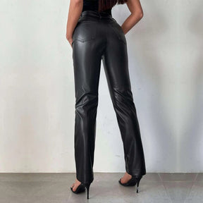 Faux Leather High Waist Pants for Women All Seasons Black Casual Straight Wide Leg Pants Female Streetwear