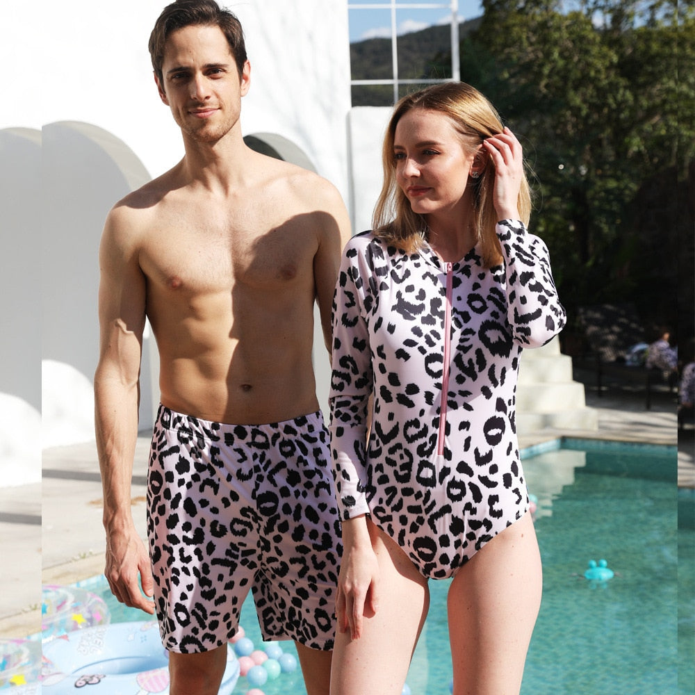 Matching Swimwear Leopard Long Sleeve Mother and Daughter Matching Swimsuit Father Son Beach Swimwear