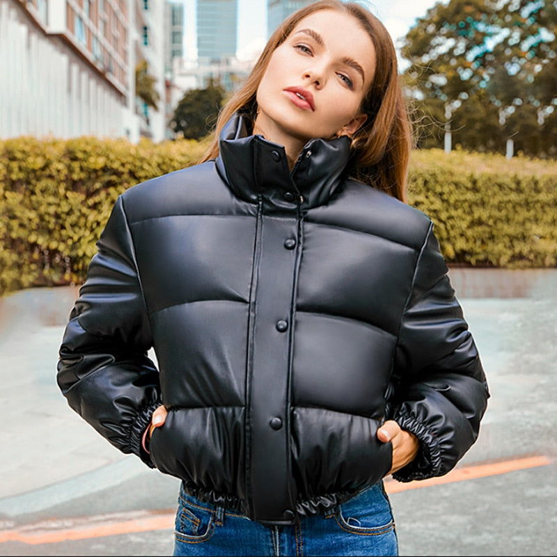 Thick Warm Leather Coats Women Short Parkas Female Fashion Elegant Zipper Black Cotton Padded Down Jacket Lady