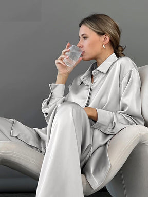 Fashion Gray Satin Pants 2 Piece Sets Women Outfits Elegant  Long Sleeve Office Loose Blouses Winter Wide Leg Pants Suits