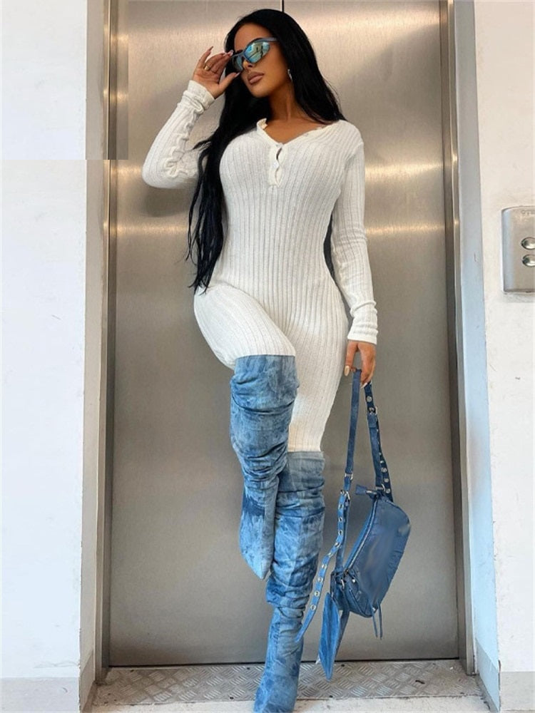 Solid White Long Sleeve Skinny Sport Women Jumpsuit One Pieces Outfits Sexy Ribber Knitted Club