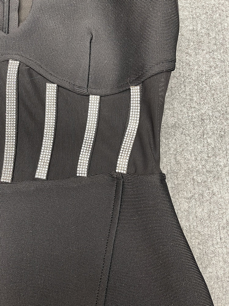 Sexy O Neck Sleeveless Cutout Slim Bandage Dress Women Black Luxury Diamond Split Midi Dress Celebrity Party Club Dress