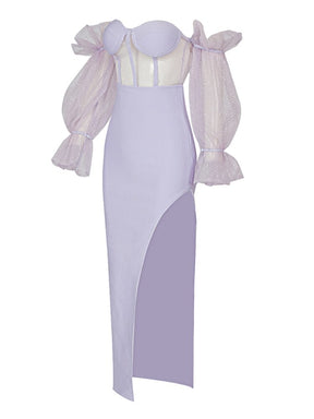 Elegant Violet Mesh Puff Sleeve High Slit Bandage Dresses Sexy Off Shoulder Sequins Long Sleeve Midi Dress Evening Party Dress