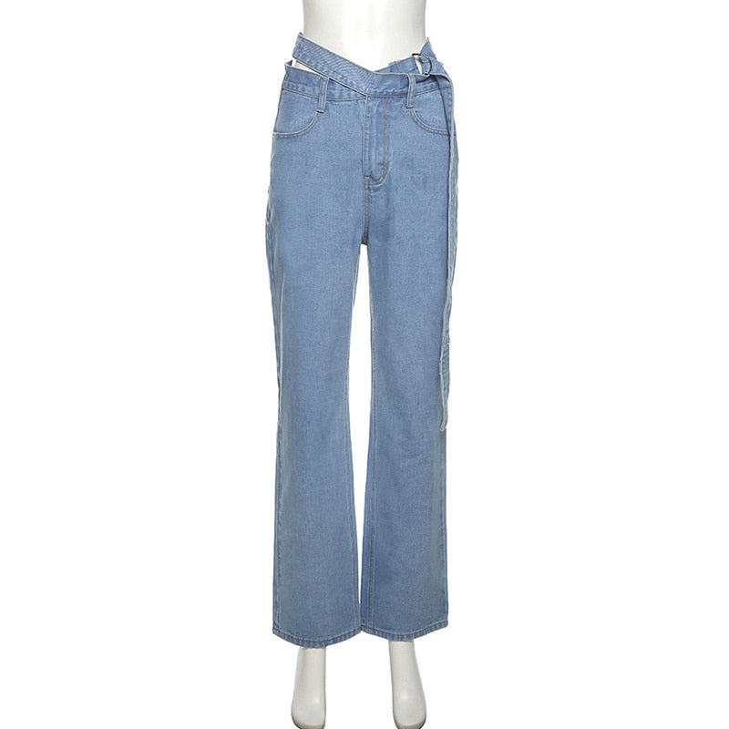 Denim Bandage V-neck backless Tops And High Waist Loose Straight Sashes Jeans Female Summer 2023