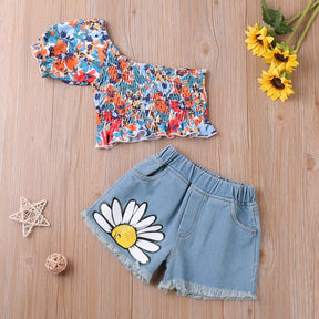 Summer Thin Suit Flower Sling Top+Denim Shorts 2Pcs Clothing Sets