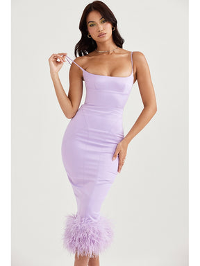 Sexy Spaghetti Strap Feathers Square Collar Bodycon Dress Summer Sleeveless Feathers Violet Green Midi Dress Party Club