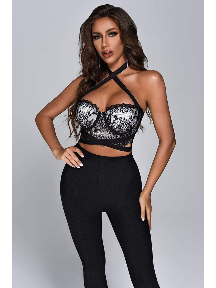 Sexy Spaghetti Strap Lace Bodycon Bandage Jumpsuit Elegant Black Full Length Cropped Top Pants Bandage Set Nightclub Party Set