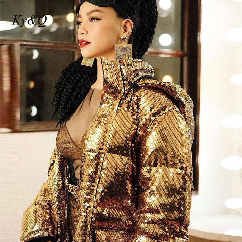 Luxury Gold Sequined Hooded Straight Tube Overcoat Fashion Cotton Jacket runway Party Coat