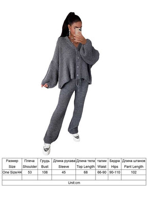 Women’s Knitted Pants Tracksuits V-neck Button Up Sweaters Jumpers Cardigans+Wide Leg Trousers 2 Pieces Sets Knitwear