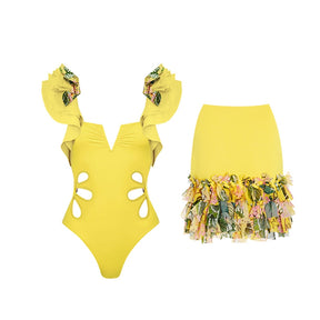 Yellow One Piece Swimwear Holiday Beachwear