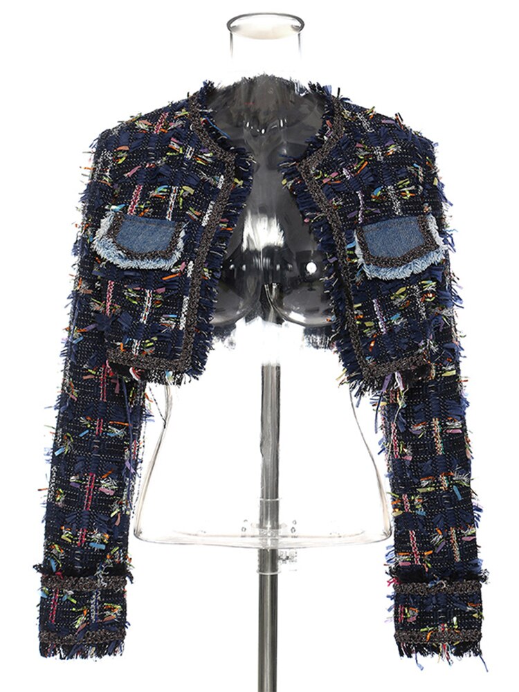 Loose Fit Black Denim Tweed Big Size Jacket New Stand Collar Long Sleeve Women Coat Fashion Spring Autumn 2022 1DE3930