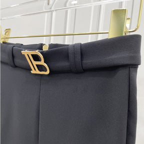 New Products Slim And Slim High Waist Black And White Two-color Belt Metal Letter Tight Women&#39;s Trousers