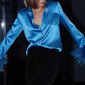 Royal Blue Long-Sleeved Feather Tassel Stitching Turn-down Collar Shirt Niche Fashion Casual Top Women