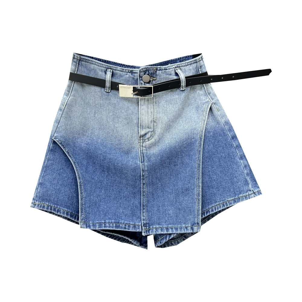 Fashion Women Shorts Fake 2 Pcs Zipper Belt High Waist Pockets Patchwork Gradient Blue Denim Shorts Spring 2023