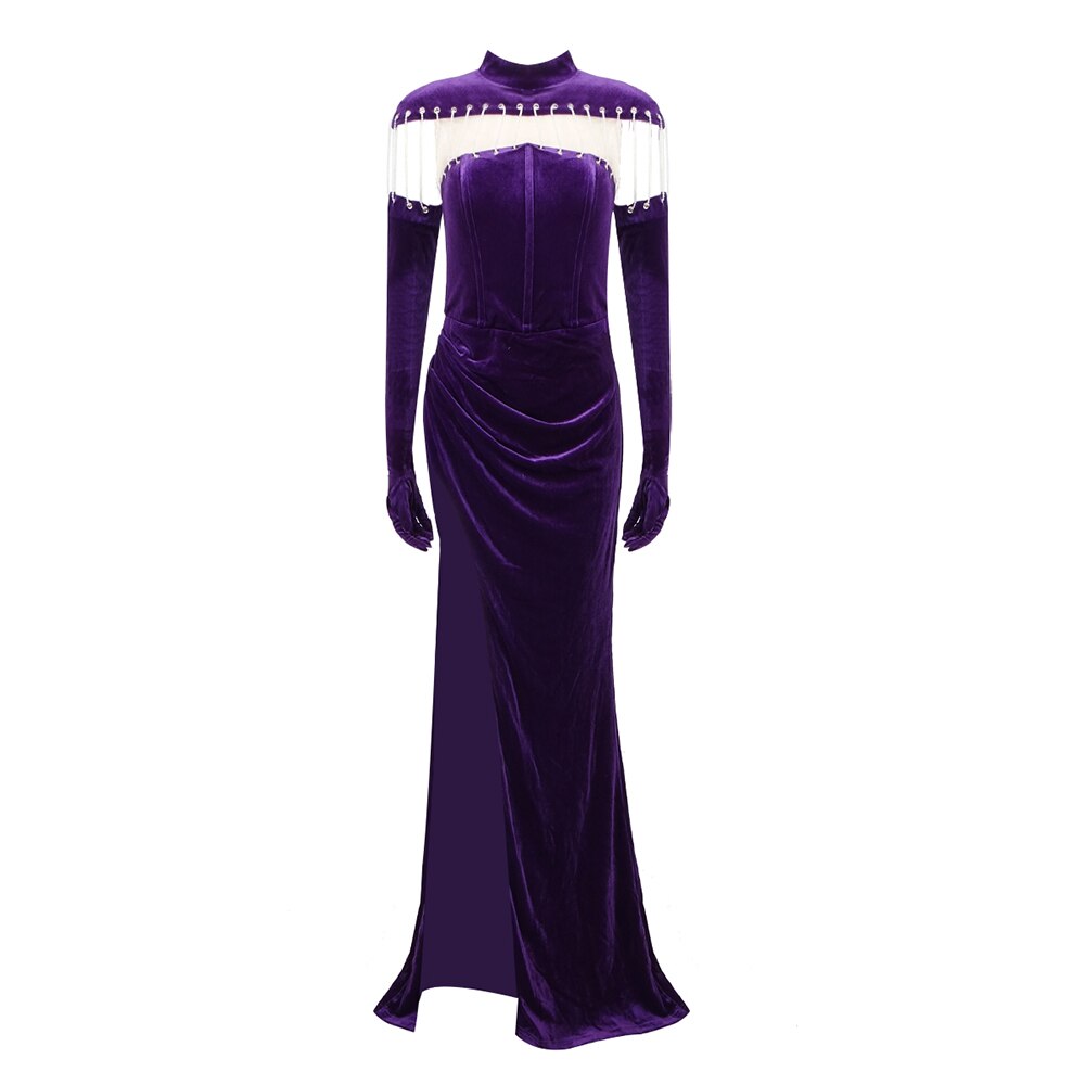 Purple Velvet Long Dress Women Sexy High Slit Beads Chain Design Luxury Evening Party Dress With Free Shipping