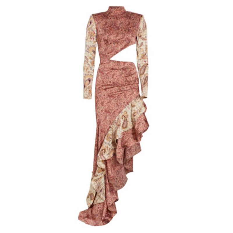Ruffles Floral Print Long Dress Women Elegant Chic Waist Hollow Out Holiday Casual Dresses Summer 2022