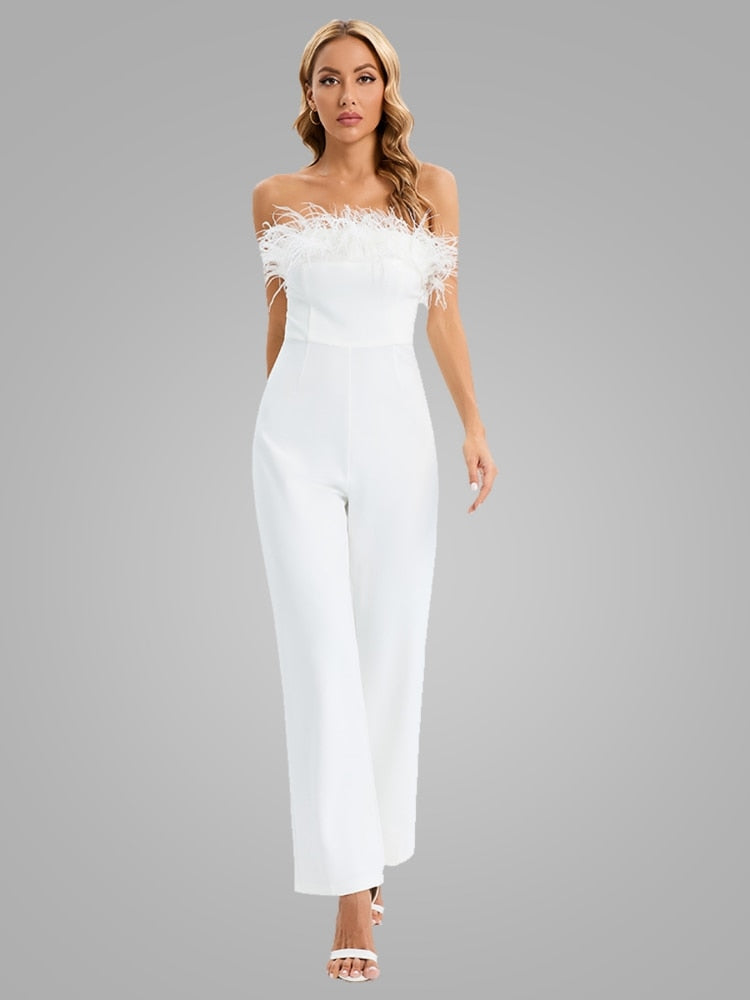 Sexy Off Shoulder Feather Slim Design Jumpsuit Fall Elegant White Tube Top White Feather Decoration Sleeveless Straight Trousers