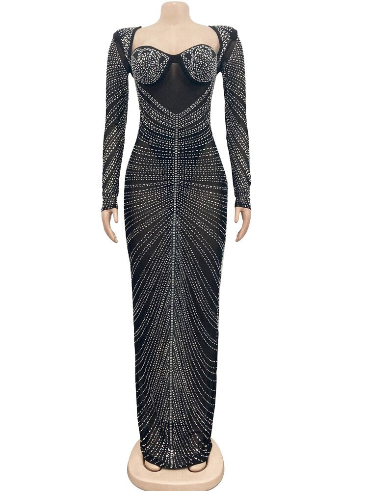 Kricesseen Sexy Mesh Rhinestone Crystal Patchwork Maxi Dress New Women Long Sleeve Sheer Bodycon Night Clubwear Long Dress