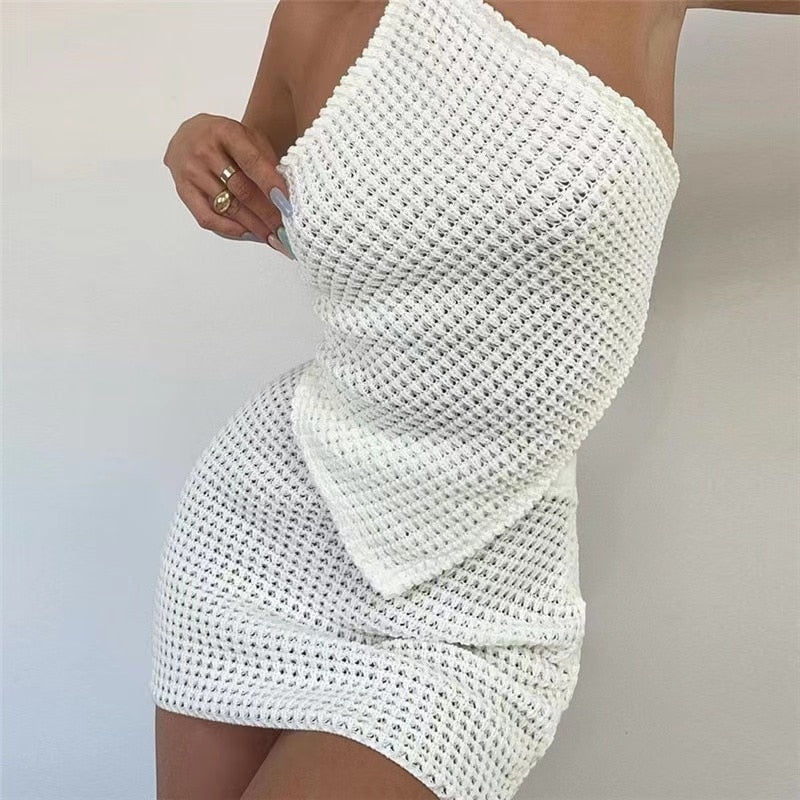 New Sexy Knit 2 Two Piece Sets Women Diamond Lace Top Skinny Elastic Force Mini Skirts Suits