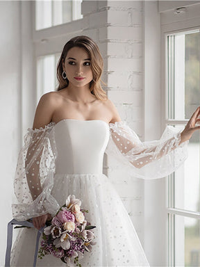 Modern  A-Line Short Wedding Dress For Women 2023 Custom Made Robe De Mariee Dot Net Strapless Detachable Puff Sleeves White