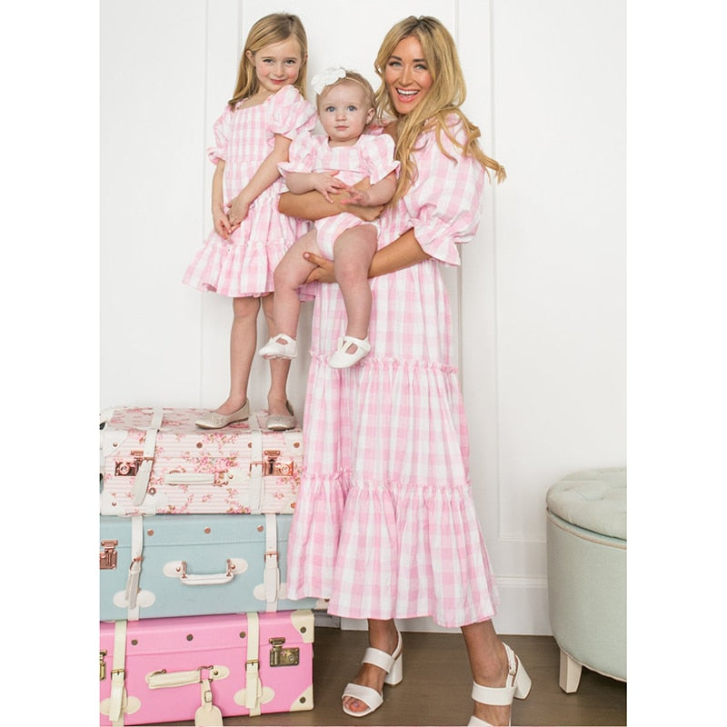Mother Daughter Matching Dresses Family Look Mommy and Me Clothes Outfits Lantern Sleeve Women Girls Pricess Dress