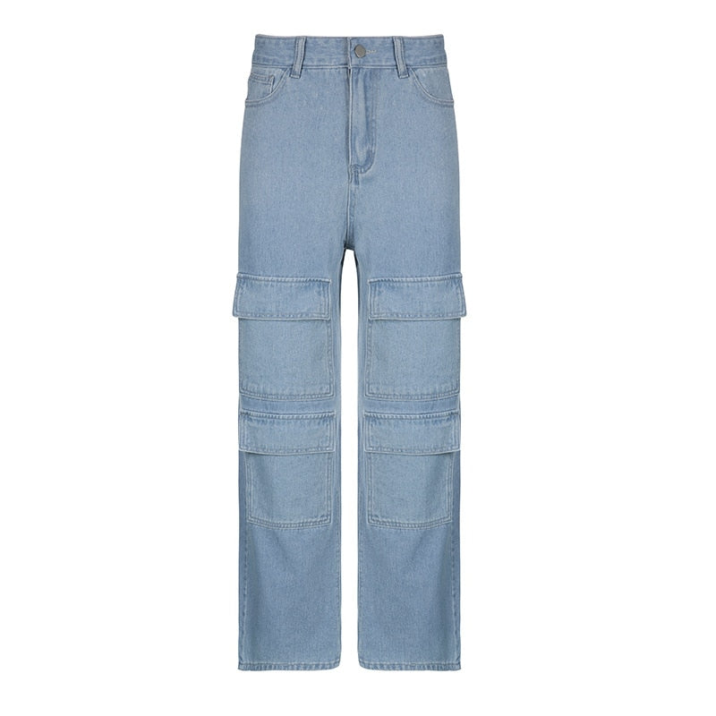 Vintage Multi Pocket Cargo Jeans Low Waist Baggy Pants Streetwear Women Blue Denim Trousers
