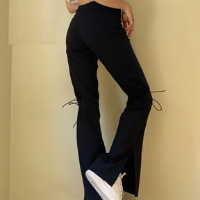 Black Lace Up Split Flare Pants Women Trousers Streetwear Fashion Sexy High Waisted Pants Indie