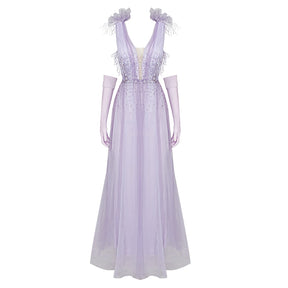 Elegant Dresses For Women r New Fashion Evening Party Feather Beads Design Long Dress With Gloves