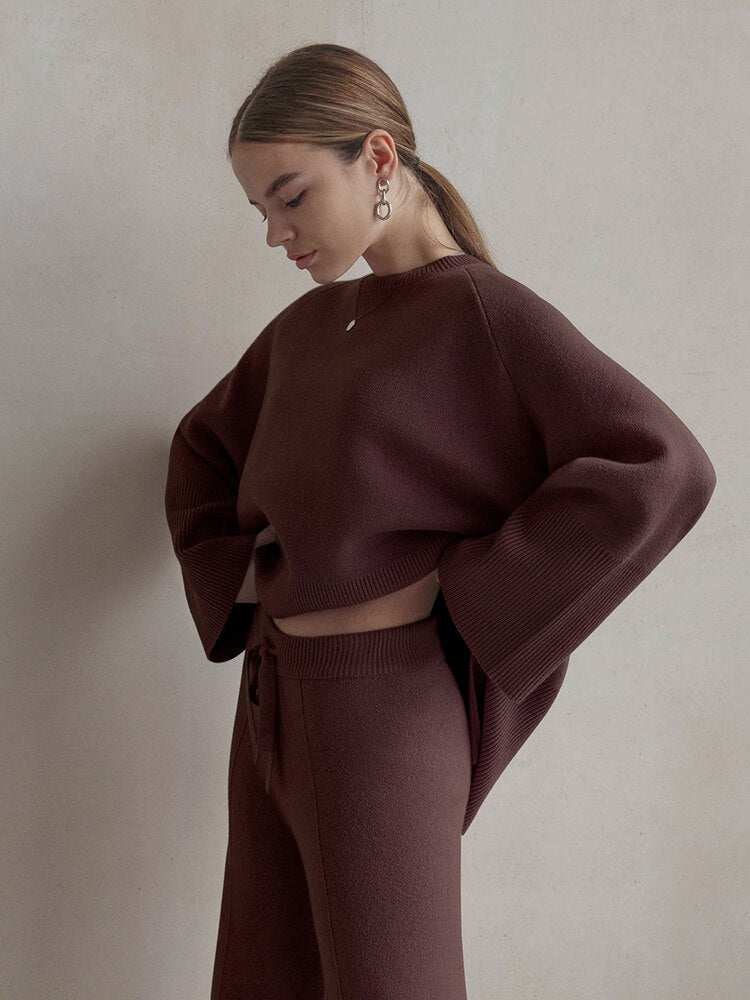 Oversized Knitted 2-Piece Women Sweater Set Winter Pullovers And Drawstring Pants Knitted Two Piece Female Suit