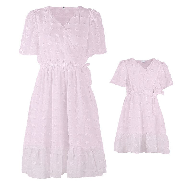 Fashion V-neck Mother and Daughter Dress Short-sleeved Solid Cute Mommy and Me Summer Clothes Princess Dress for Women Girls